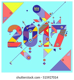 Happy New Year 2017 background. Calendar cover template. Colorful & Modern memphis style background. Greeting card vector illustration.