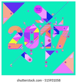Happy New Year 2017 background. Calendar cover template. Colorful & Modern memphis style background. Greeting card vector illustration.