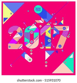 Happy New Year 2017 background. Calendar cover template. Colorful & Modern memphis style background. Greeting card vector illustration.