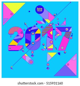 Happy New Year 2017 background. Calendar cover template. Colorful & Modern memphis style background. Greeting card vector illustration.