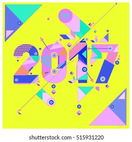 Happy New Year 2017 background. Calendar cover template. Colorful & Modern memphis style background. Greeting card vector illustration.