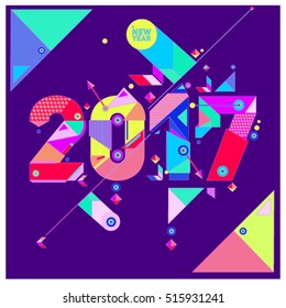 Happy New Year 2017 background. Calendar cover template. Colorful & Modern memphis style background. Greeting card vector illustration.