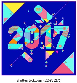 Happy New Year 2017 background. Calendar cover template. Colorful & Modern memphis style background. Greeting card vector illustration.