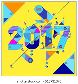 Happy New Year 2017 background. Calendar cover template. Colorful & Modern memphis style background. Greeting card vector illustration.