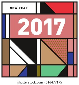 Happy New Year 2017 background. Calendar cover template. Colorful & Modern memphis style background. Greeting card vector illustration.