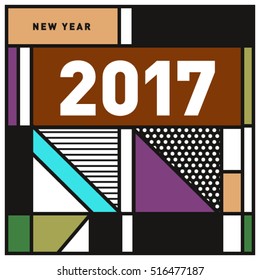 Happy New Year 2017 background. Calendar cover template. Colorful & Modern memphis style background. Greeting card vector illustration.