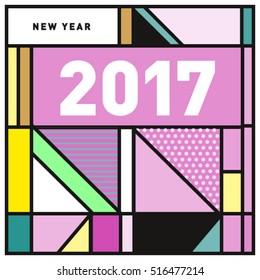 Happy New Year 2017 background. Calendar cover template. Colorful & Modern memphis style background. Greeting card vector illustration.