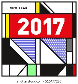 Happy New Year 2017 background. Calendar cover template. Colorful & Modern memphis style background. Greeting card vector illustration.