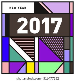 Happy New Year 2017 background. Calendar cover template. Colorful & Modern memphis style background. Greeting card vector illustration.