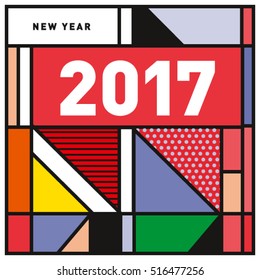 Happy New Year 2017 background. Calendar cover template. Colorful & Modern memphis style background. Greeting card vector illustration.