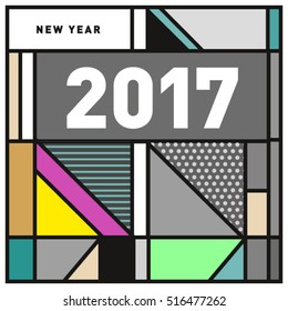 Happy New Year 2017 background. Calendar cover template. Colorful & Modern memphis style background. Greeting card vector illustration.