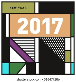 Happy New Year 2017 background. Calendar cover template. Colorful & Modern memphis style background. Greeting card vector illustration.