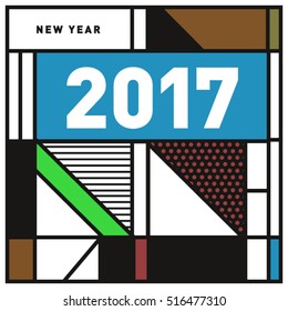 Happy New Year 2017 background. Calendar cover template. Colorful & Modern memphis style background. Greeting card vector illustration.