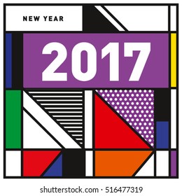 Happy New Year 2017 background. Calendar cover template. Colorful & Modern memphis style background. Greeting card vector illustration.