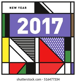 Happy New Year 2017 background. Calendar cover template. Colorful & Modern memphis style background. Greeting card vector illustration.