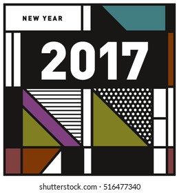Happy New Year 2017 background. Calendar cover template. Colorful & Modern memphis style background. Greeting card vector illustration.