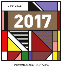 Happy New Year 2017 background. Calendar cover template. Colorful & Modern memphis style background. Greeting card vector illustration.