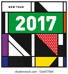 Happy New Year 2017 background. Calendar cover template. Colorful & Modern memphis style background. Greeting card vector illustration.