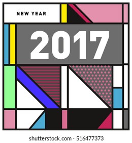 Happy New Year 2017 background. Calendar cover template. Colorful & Modern memphis style background. Greeting card vector illustration.