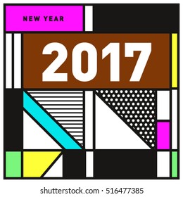 Happy New Year 2017 background. Calendar cover template. Colorful & Modern memphis style background. Greeting card vector illustration.