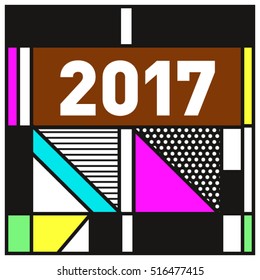 Happy New Year 2017 background. Calendar cover template. Colorful & Modern memphis style background. Greeting card vector illustration.