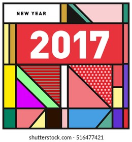 Happy New Year 2017 background. Calendar cover template. Colorful & Modern memphis style background. Greeting card vector illustration.