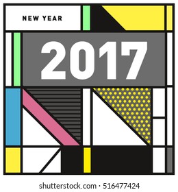 Happy New Year 2017 background. Calendar cover template. Colorful & Modern memphis style background. Greeting card vector illustration.
