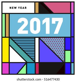 Happy New Year 2017 background. Calendar cover template. Colorful & Modern memphis style background. Greeting card vector illustration.