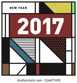Happy New Year 2017 background. Calendar cover template. Colorful & Modern memphis style background. Greeting card vector illustration.