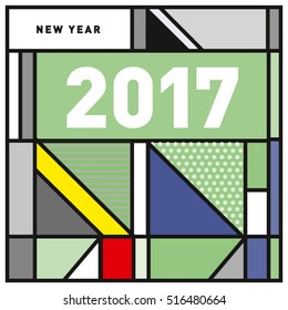 Happy New Year 2017 background. Calendar cover template. Colorful & Modern memphis style background. Greeting card vector illustration.