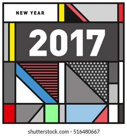 Happy New Year 2017 background. Calendar cover template. Colorful & Modern memphis style background. Greeting card vector illustration.