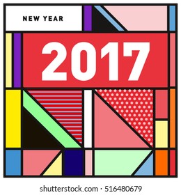 Happy New Year 2017 background. Calendar cover template. Colorful & Modern memphis style background. Greeting card vector illustration.