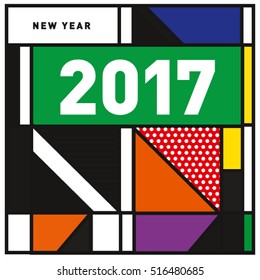 Happy New Year 2017 background. Calendar cover template. Colorful & Modern memphis style background. Greeting card vector illustration.