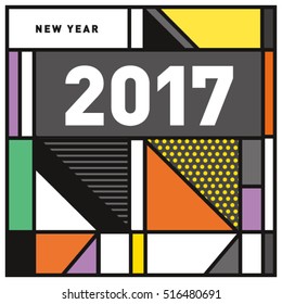 Happy New Year 2017 background. Calendar cover template. Colorful & Modern memphis style background. Greeting card vector illustration.