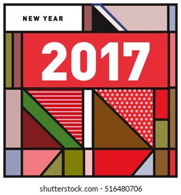 Happy New Year 2017 background. Calendar cover template. Colorful & Modern memphis style background. Greeting card vector illustration.
