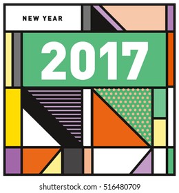 Happy New Year 2017 background. Calendar cover template. Colorful & Modern memphis style background. Greeting card vector illustration.