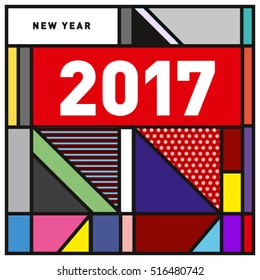 Happy New Year 2017 background. Calendar cover template. Colorful & Modern memphis style background. Greeting card vector illustration.
