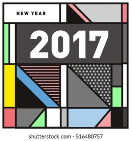 Happy New Year 2017 background. Calendar cover template. Colorful & Modern memphis style background. Greeting card vector illustration.