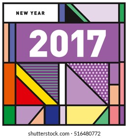 Happy New Year 2017 background. Calendar cover template. Colorful & Modern memphis style background. Greeting card vector illustration.