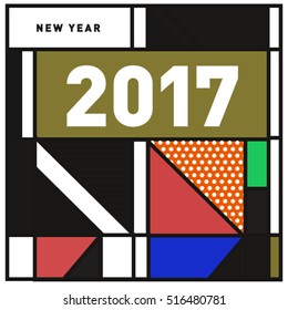 Happy New Year 2017 background. Calendar cover template. Colorful & Modern memphis style background. Greeting card vector illustration.