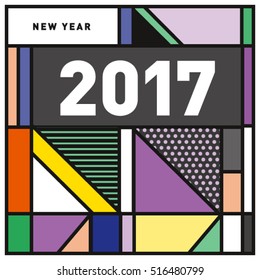 Happy New Year 2017 background. Calendar cover template. Colorful & Modern memphis style background. Greeting card vector illustration.