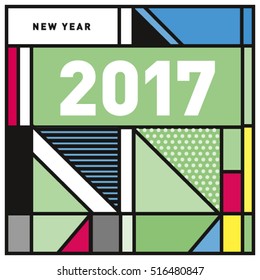 Happy New Year 2017 background. Calendar cover template. Colorful & Modern memphis style background. Greeting card vector illustration.