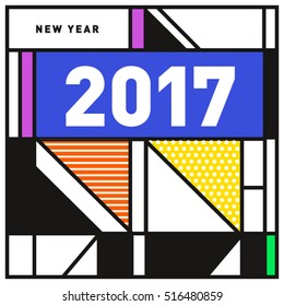 Happy New Year 2017 background. Calendar cover template. Colorful & Modern memphis style background. Greeting card vector illustration.