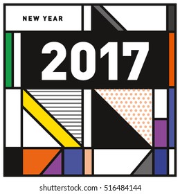 Happy New Year 2017 background. Calendar cover template. Colorful & Modern memphis style background. Greeting card vector illustration.
