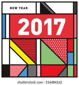 Happy New Year 2017 background. Calendar cover template. Colorful & Modern memphis style background. Greeting card vector illustration.