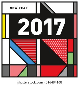 Happy New Year 2017 background. Calendar cover template. Colorful & Modern memphis style background. Greeting card vector illustration.