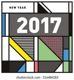 Happy New Year 2017 background. Calendar cover template. Colorful & Modern memphis style background. Greeting card vector illustration.