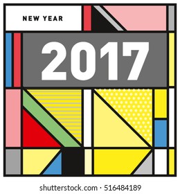 Happy New Year 2017 background. Calendar cover template. Colorful & Modern memphis style background. Greeting card vector illustration.