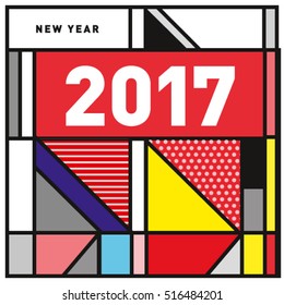 Happy New Year 2017 background. Calendar cover template. Colorful & Modern memphis style background. Greeting card vector illustration.