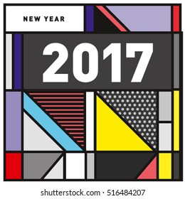 Happy New Year 2017 background. Calendar cover template. Colorful & Modern memphis style background. Greeting card vector illustration.